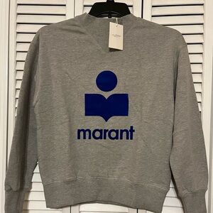 NWT Isabel Marant Etoile Moby Sweatshirt Grey Blue Flocked Logo Sz 34 MSRP $395